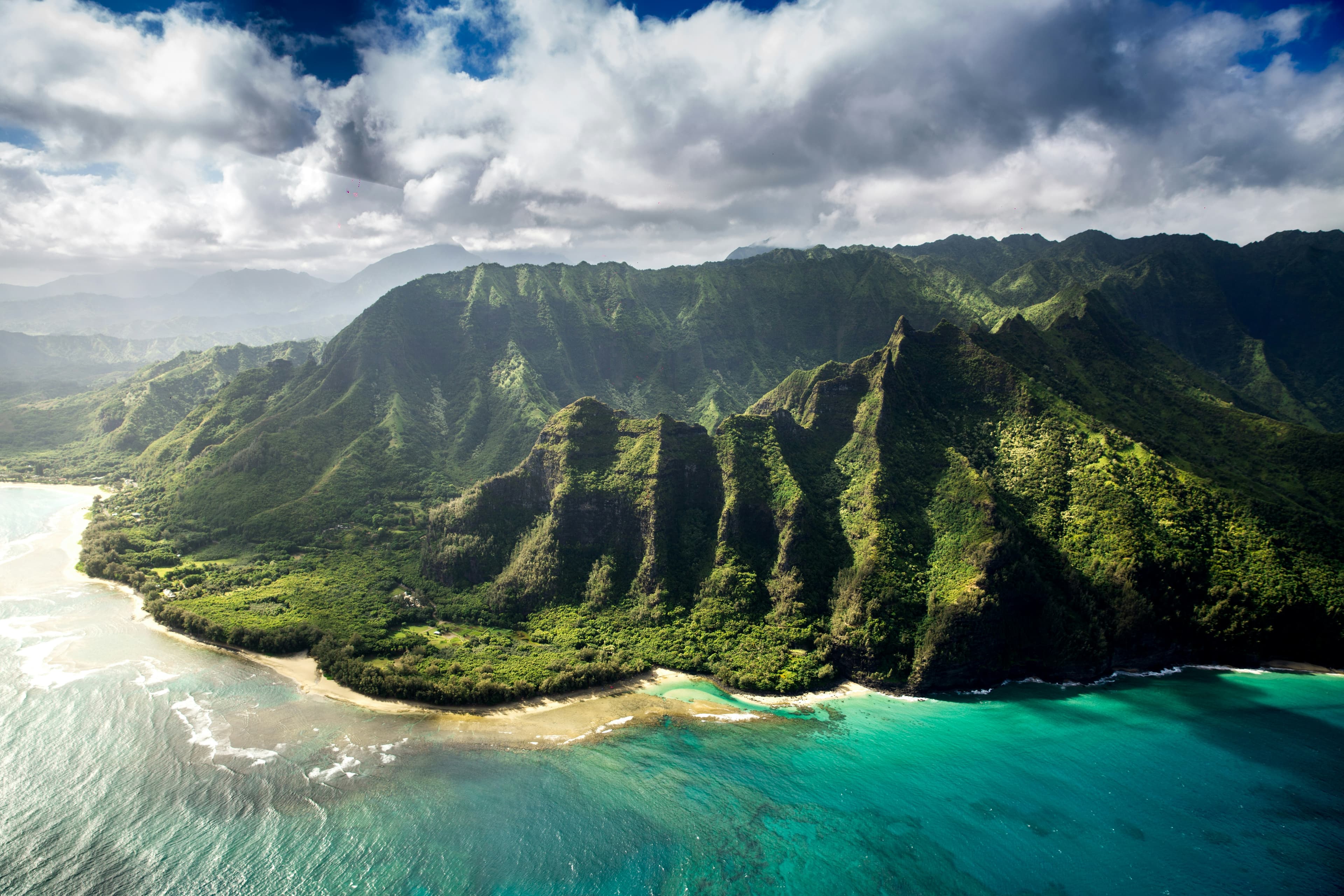 Aerial view of the green ridges of the Na Pali Coast on Kauai