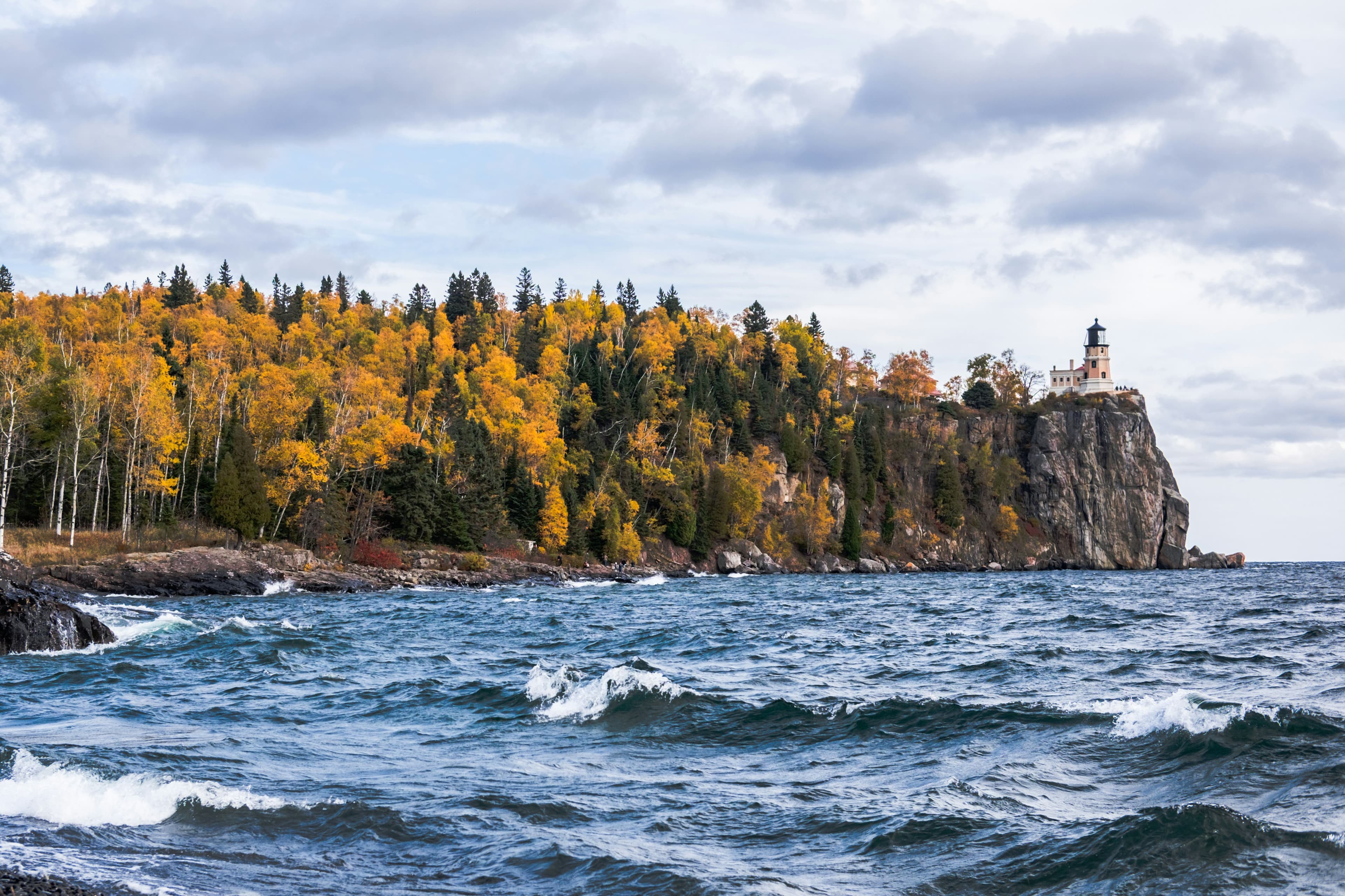 Split Rock Lighthouse on its cliff above Lake Superior in autumn, on Minnesota's North Shore