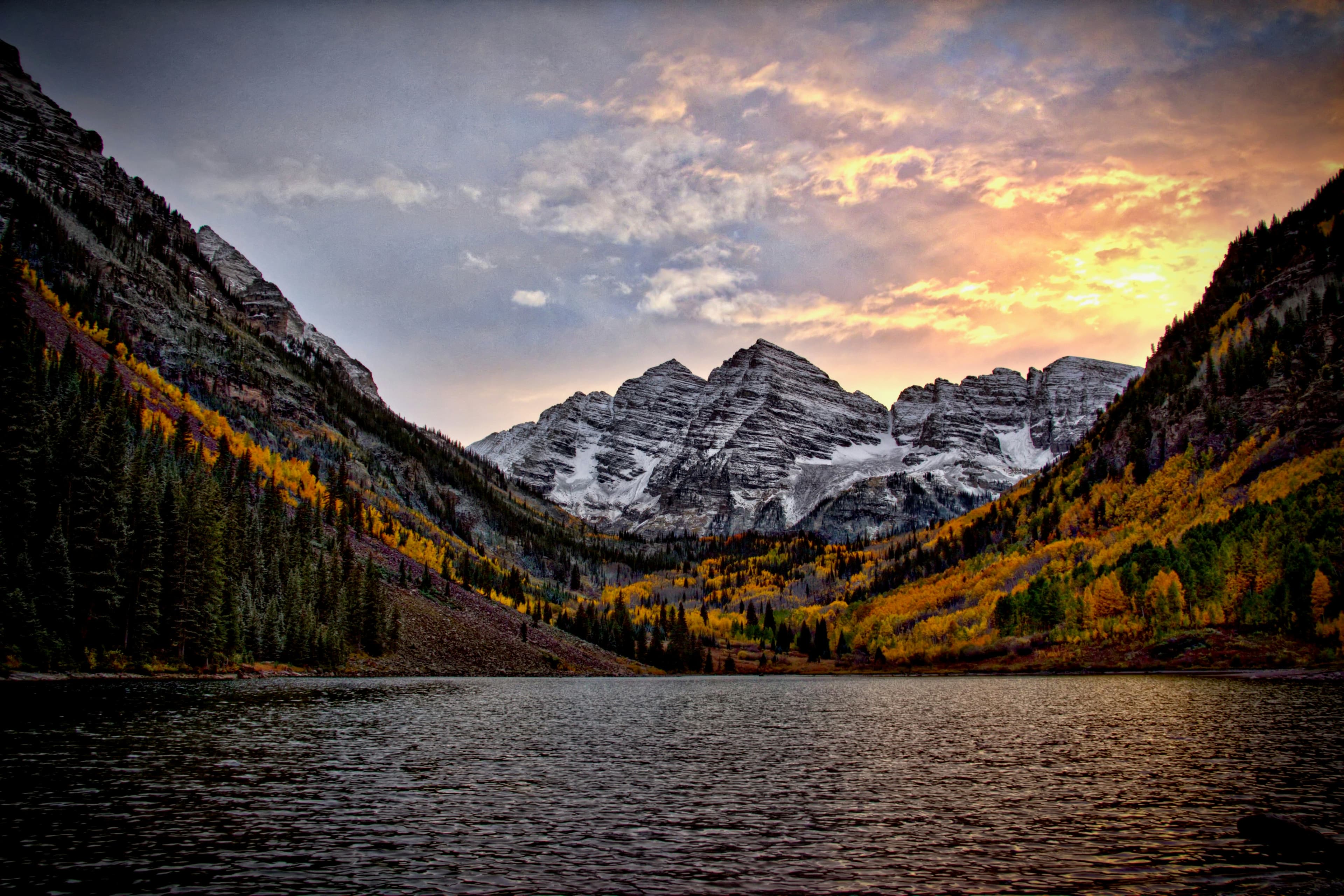 The Maroon Bells at sunset above Maroon Lake, near Aspen, Colorado