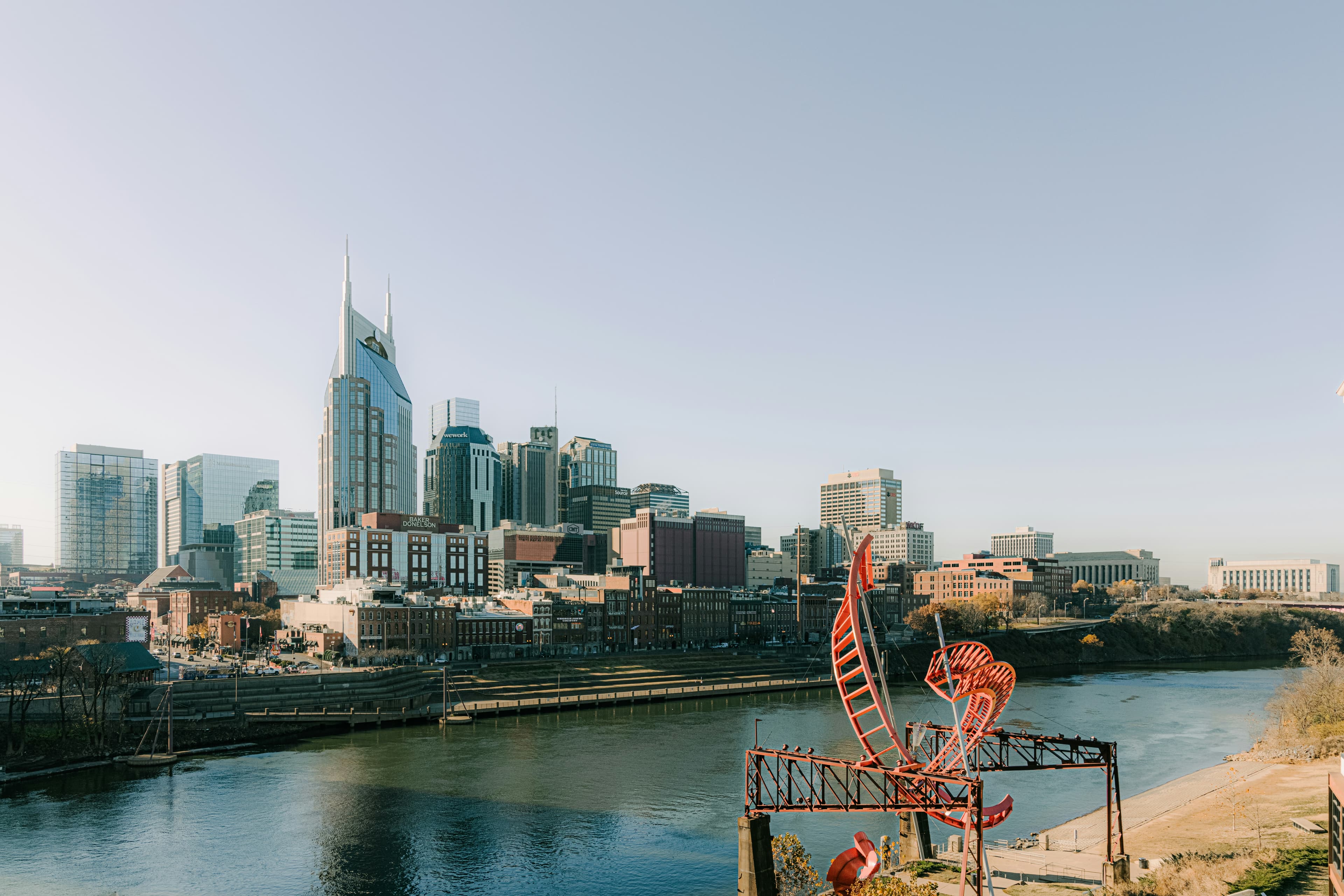 Nashville skyline seen across the Cumberland River in daylight