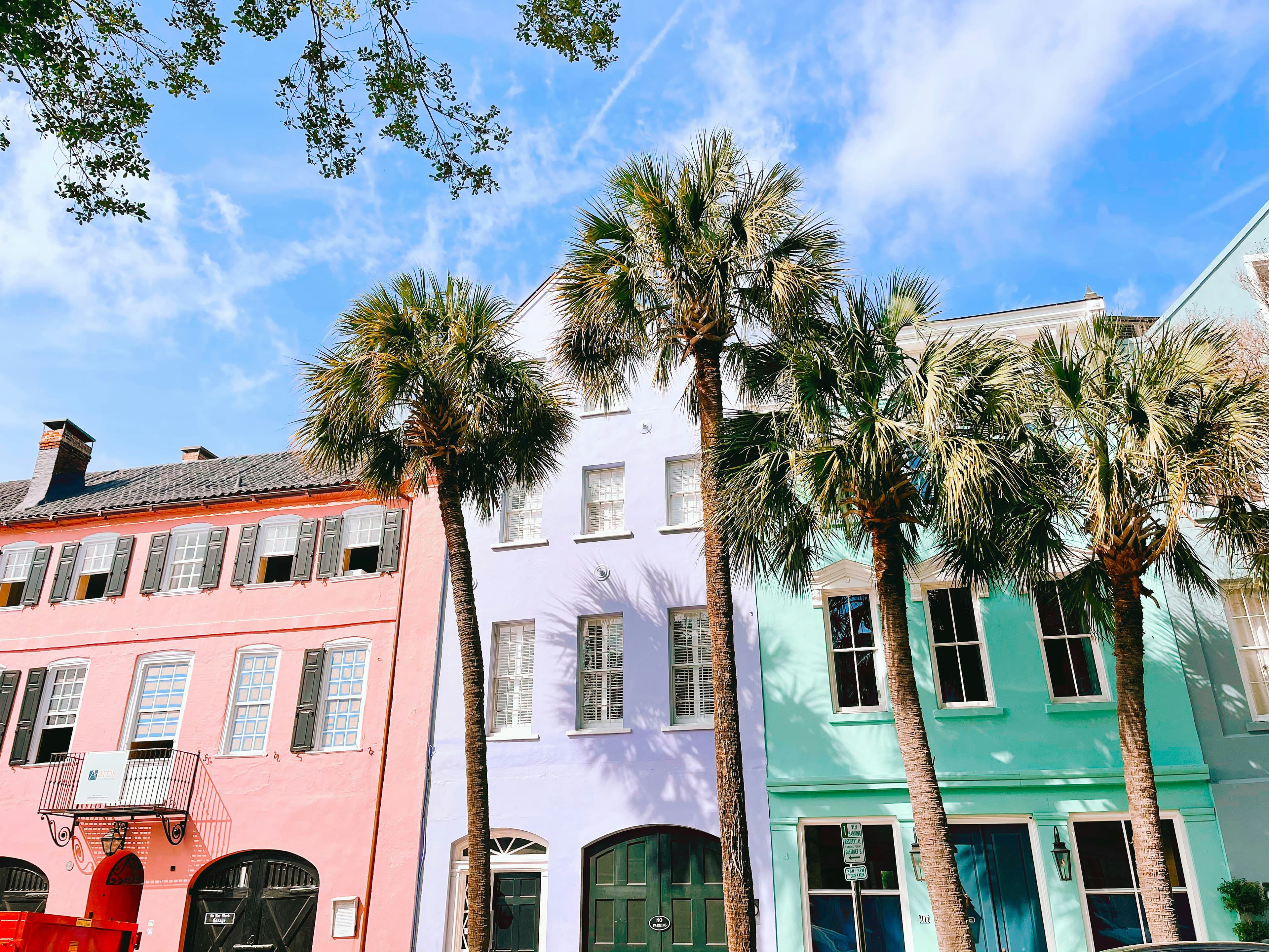 Pastel Rainbow Row houses with palmetto trees under a blue sky in Charleston