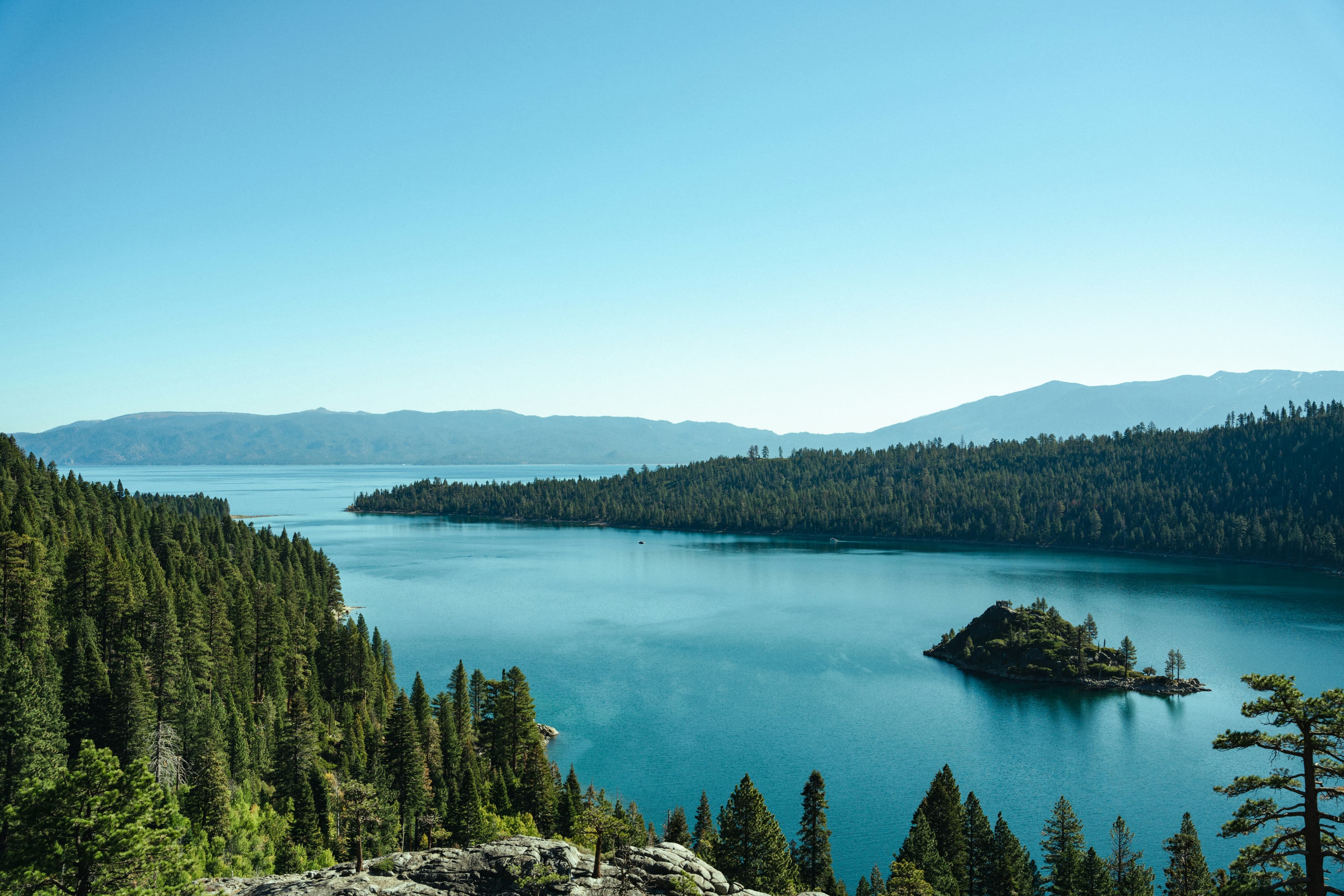 Emerald Bay on Lake Tahoe with Fannette Island and pine-covered shoreline