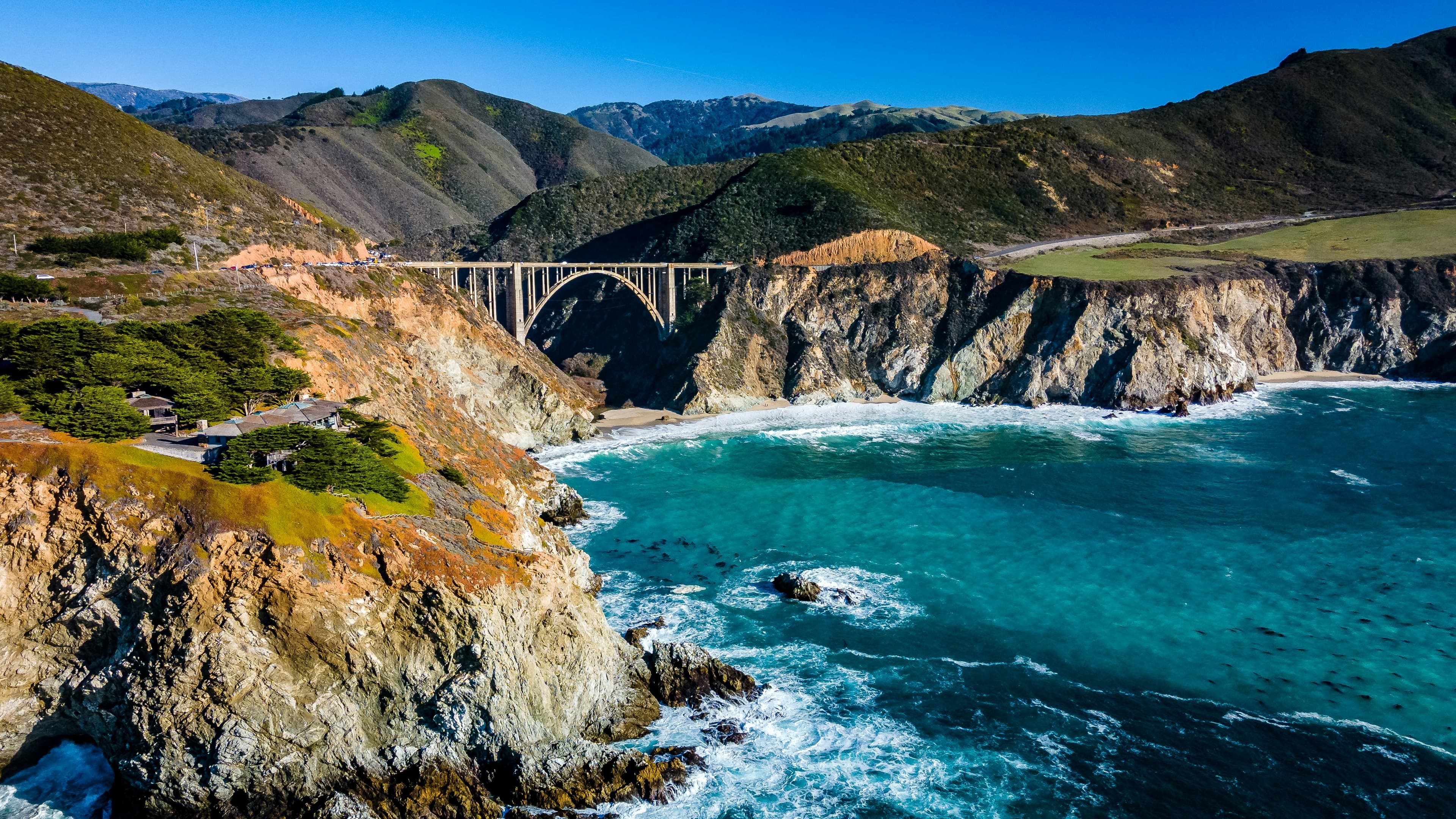 Aerial view of Bixby Bridge on Highway 1 along the Big Sur coast
