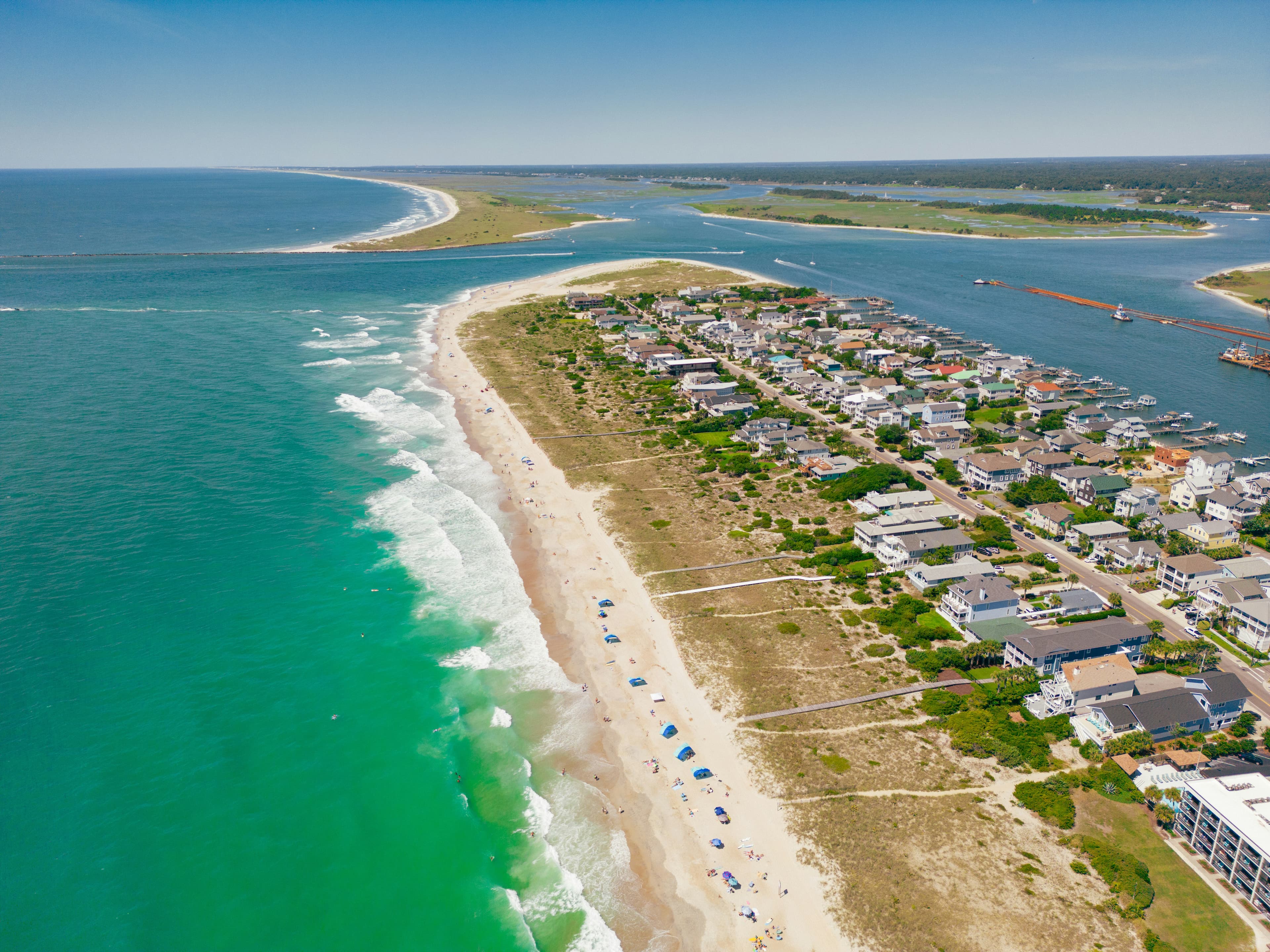 Beach houses lining the shoreline on the Outer Banks of North Carolina