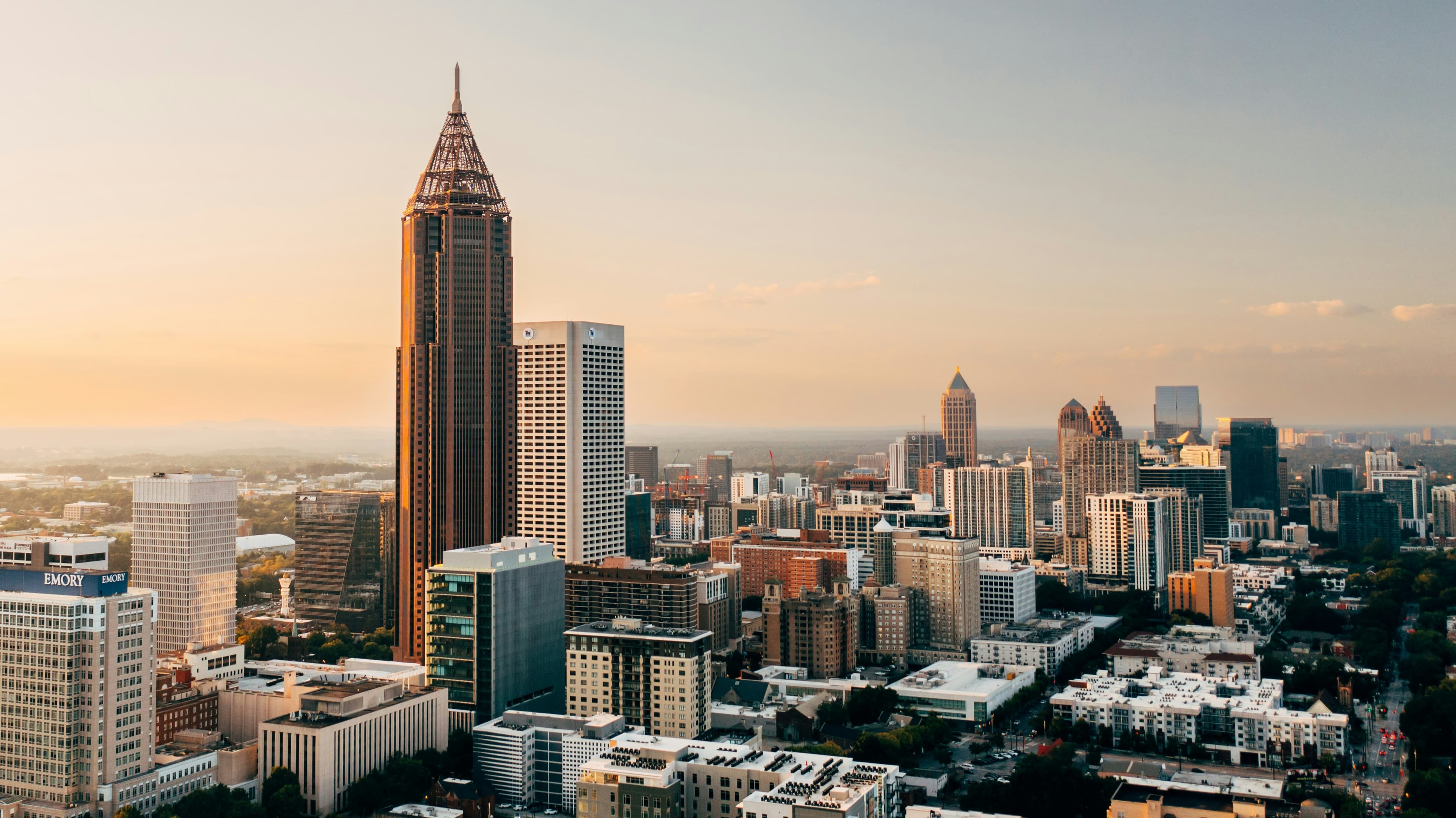 Aerial view of the Atlanta skyline at golden hour