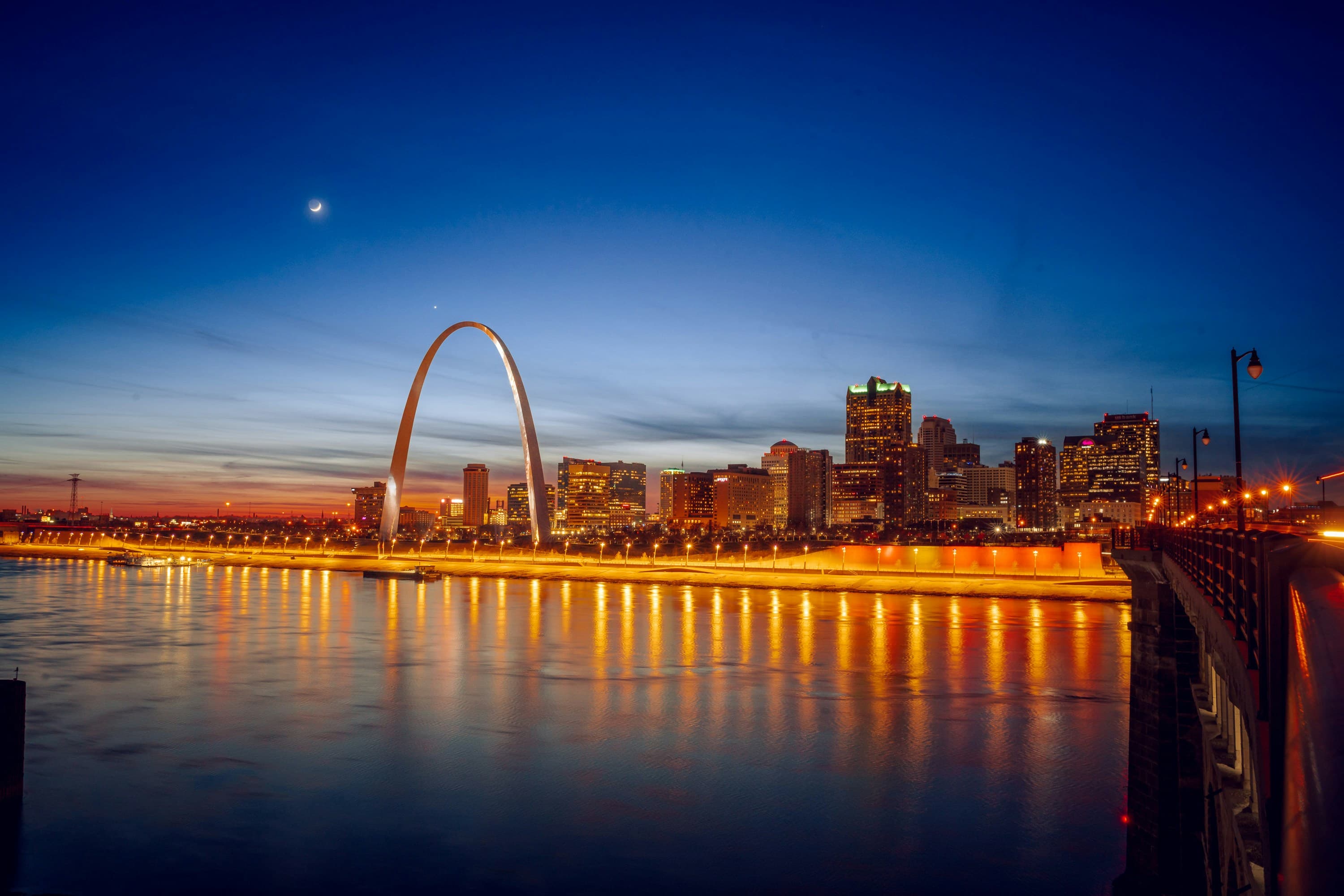 The Gateway Arch and the downtown St. Louis skyline at dusk, seen across the Mississippi River