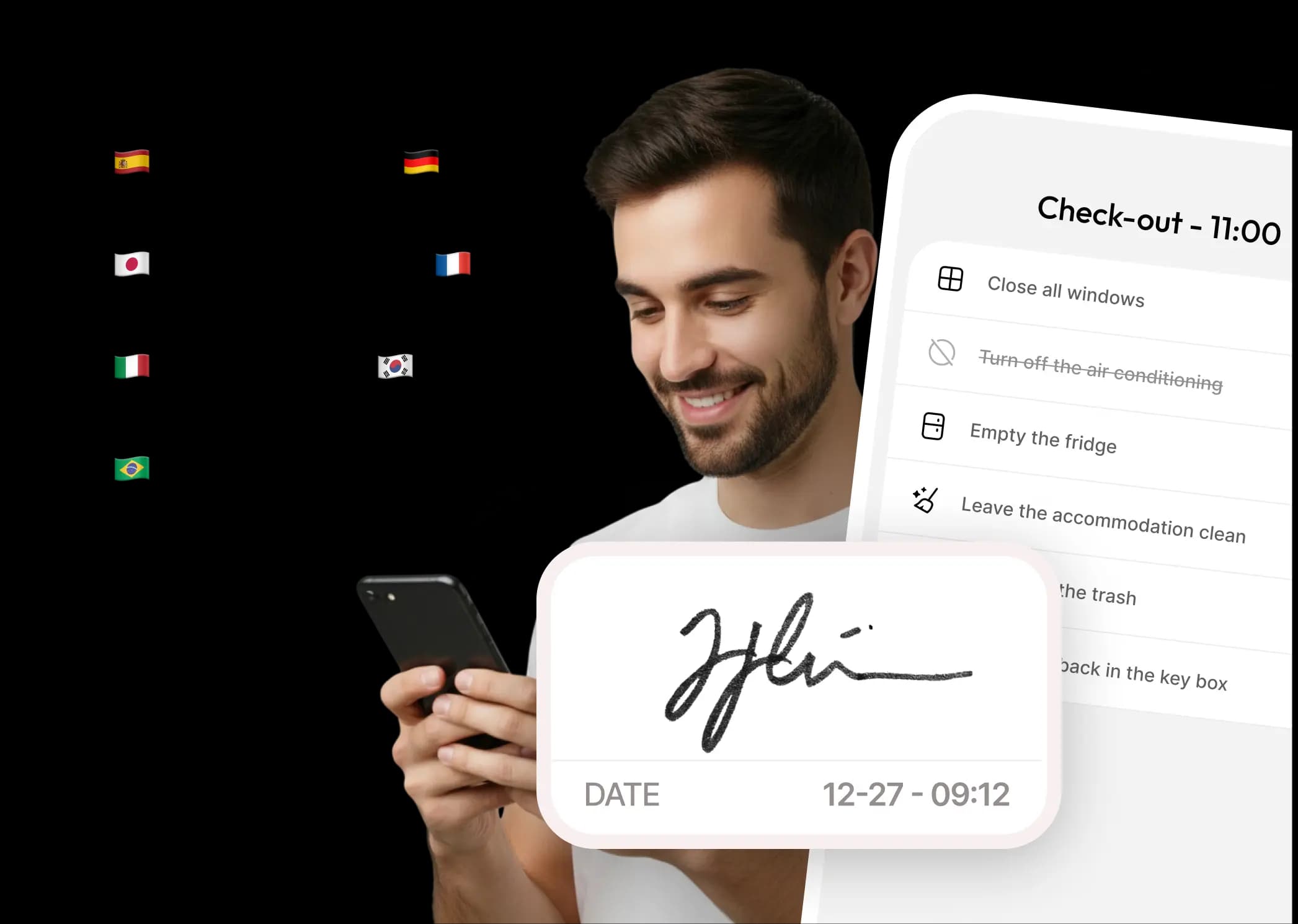 Voyageur signant son check-in en ligne, livret proposé en plusieurs langues